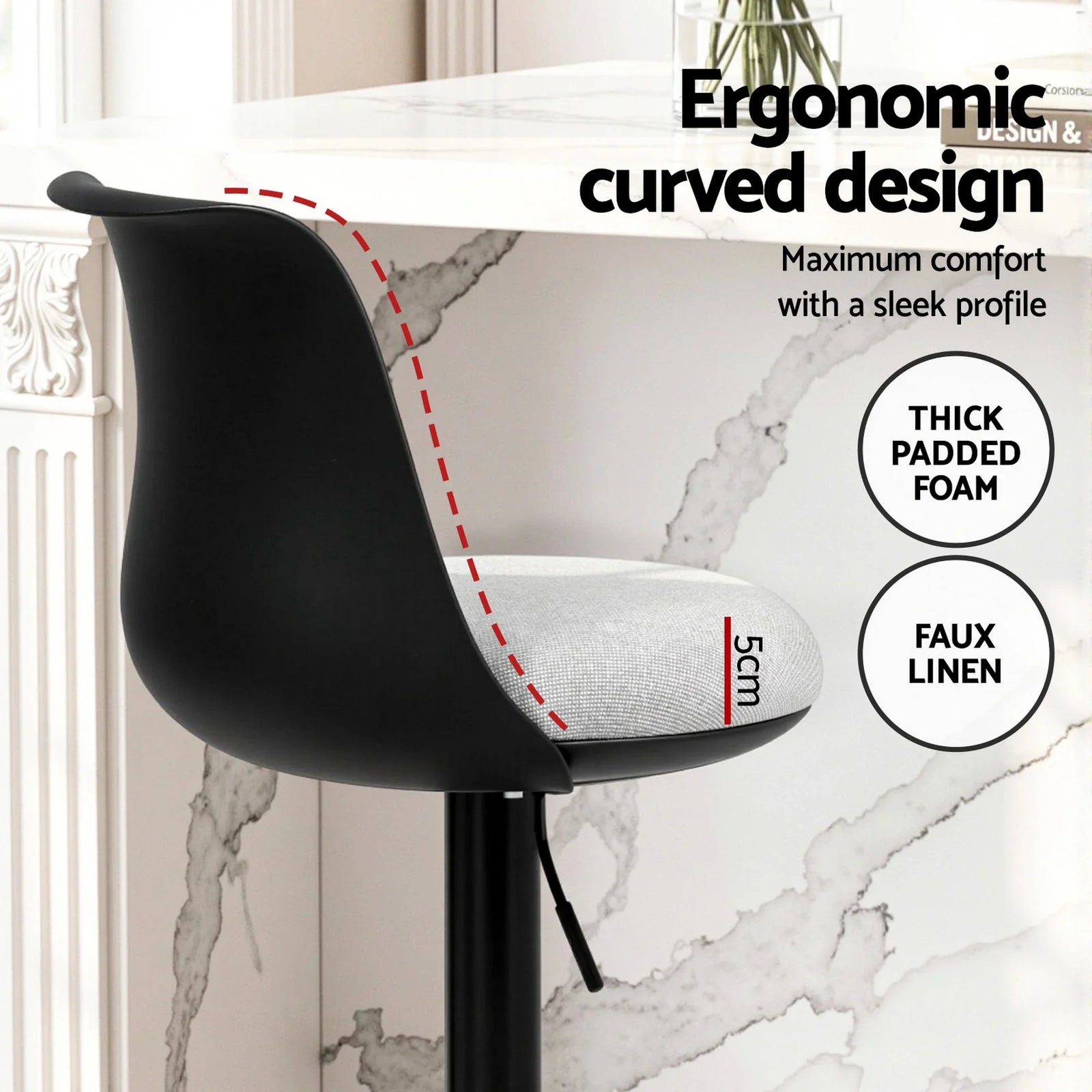 2x Bar Stools Kitchen Swivel Gas Lift Counter Dining Chair Curved Black