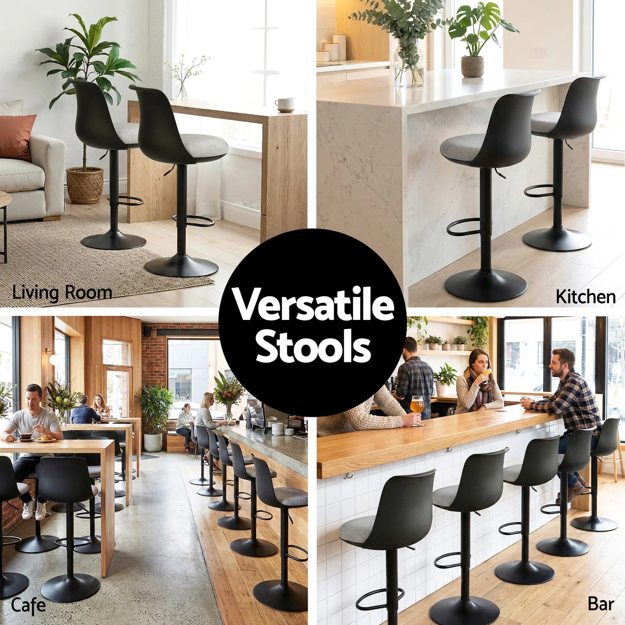 2x Bar Stools Kitchen Swivel Gas Lift Counter Dining Chair Curved Black