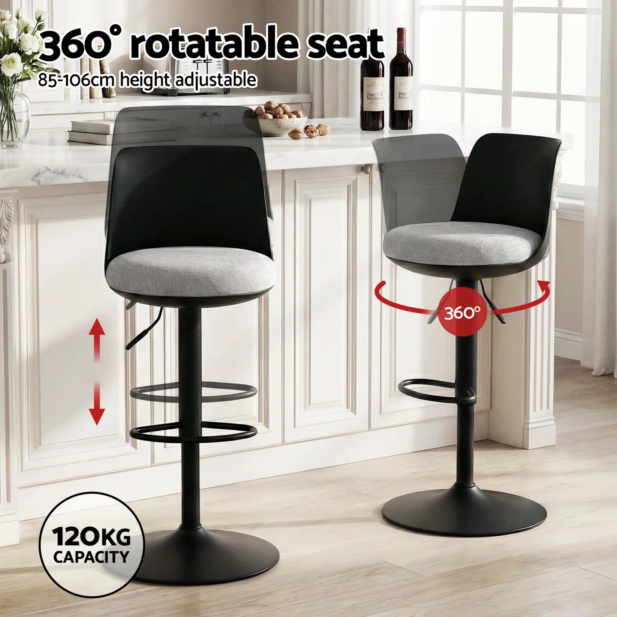 4x Bar Stools Kitchen Swivel Gas Lift Counter Dining Chair Curved Black