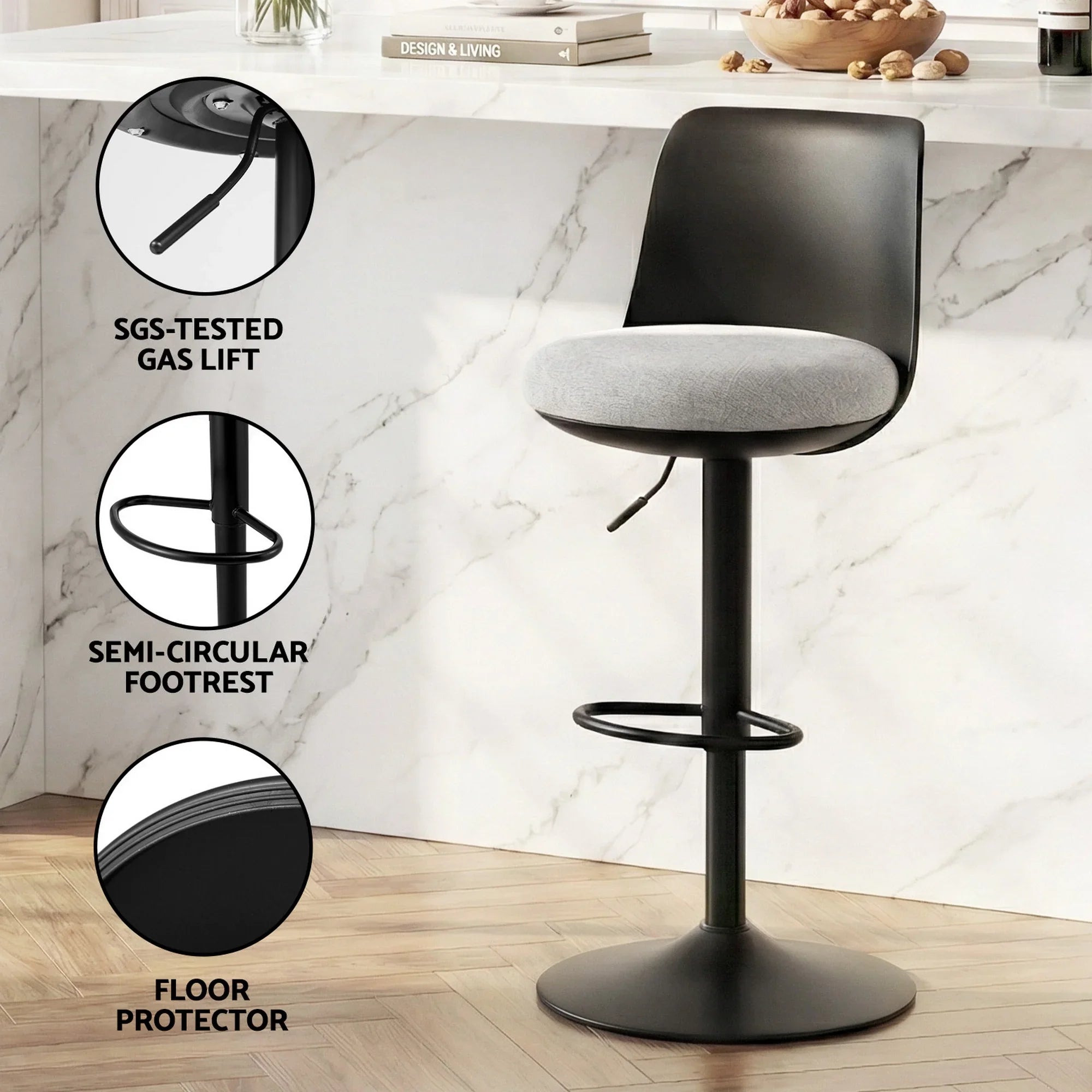 4x Bar Stools Kitchen Swivel Gas Lift Counter Dining Chair Curved Black