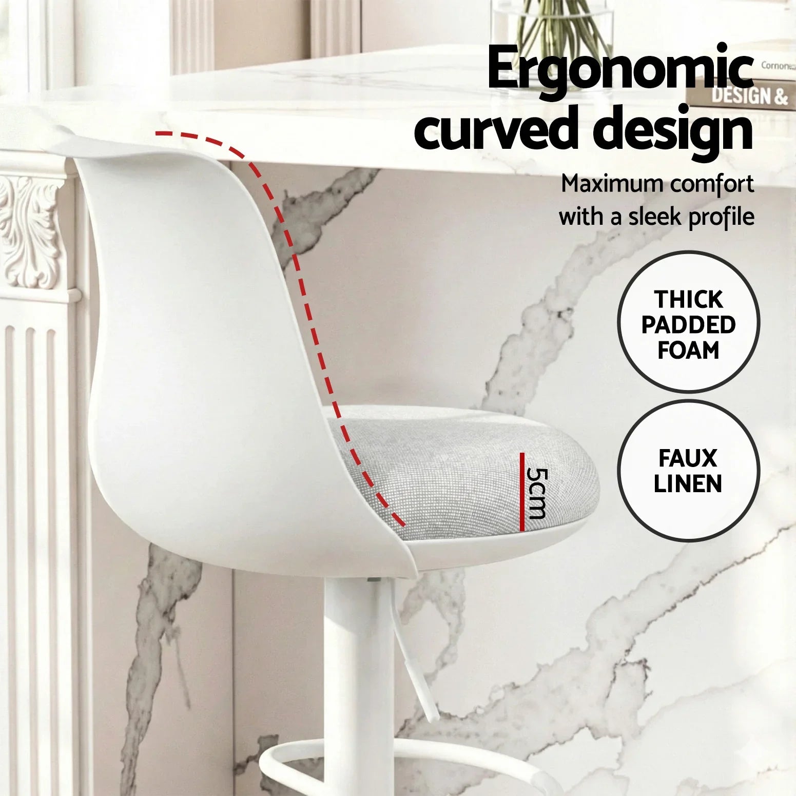 2x Bar Stools Kitchen Swivel Gas Lift Counter Dining Chair Curved White