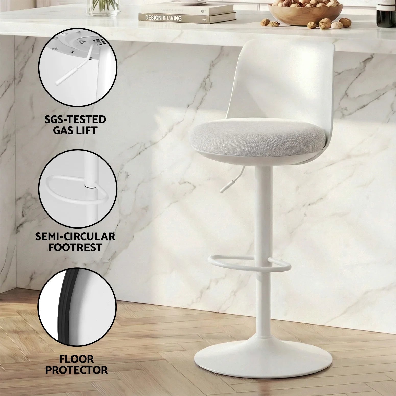 2x Bar Stools Kitchen Swivel Gas Lift Counter Dining Chair Curved White