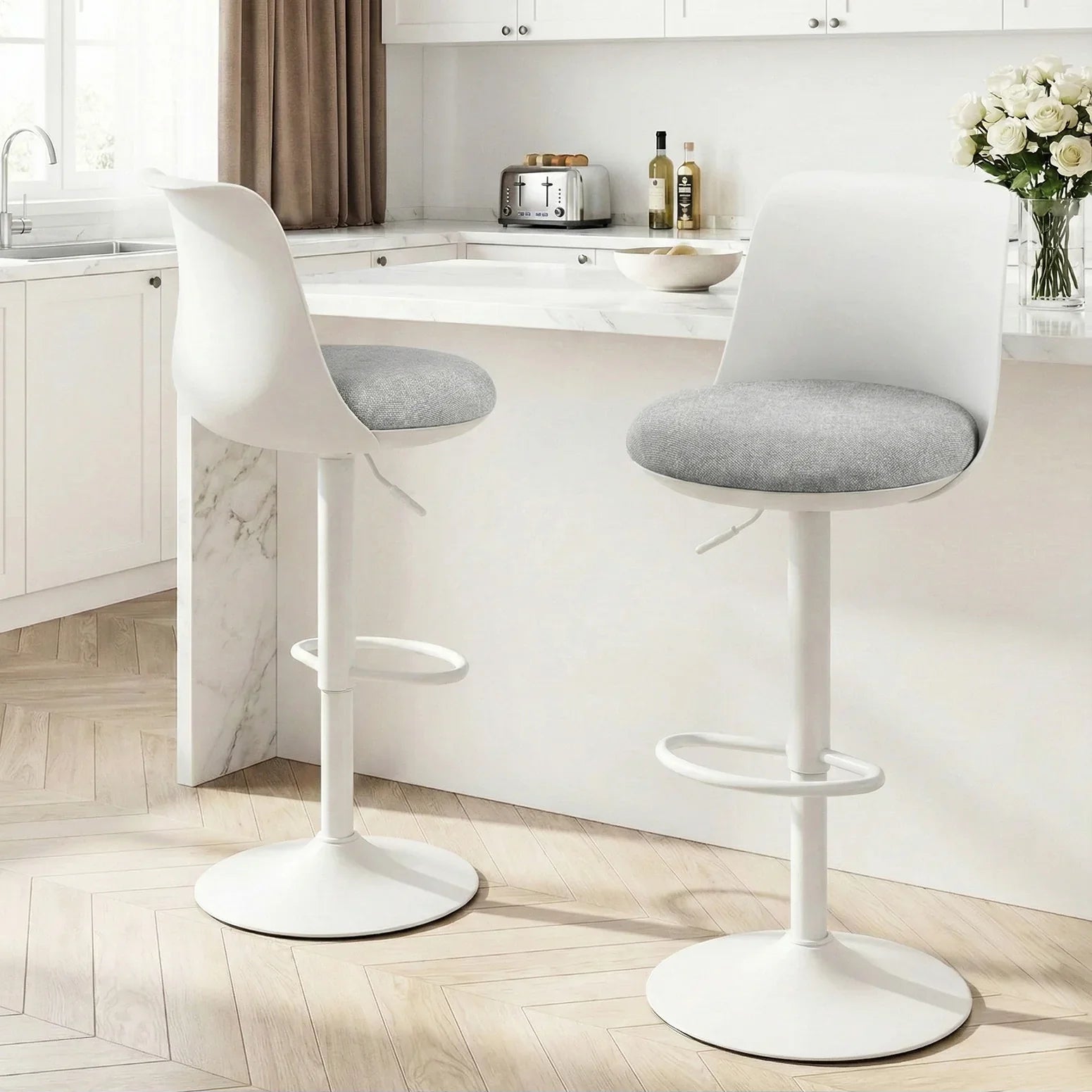 2x Bar Stools Kitchen Swivel Gas Lift Counter Dining Chair Curved White