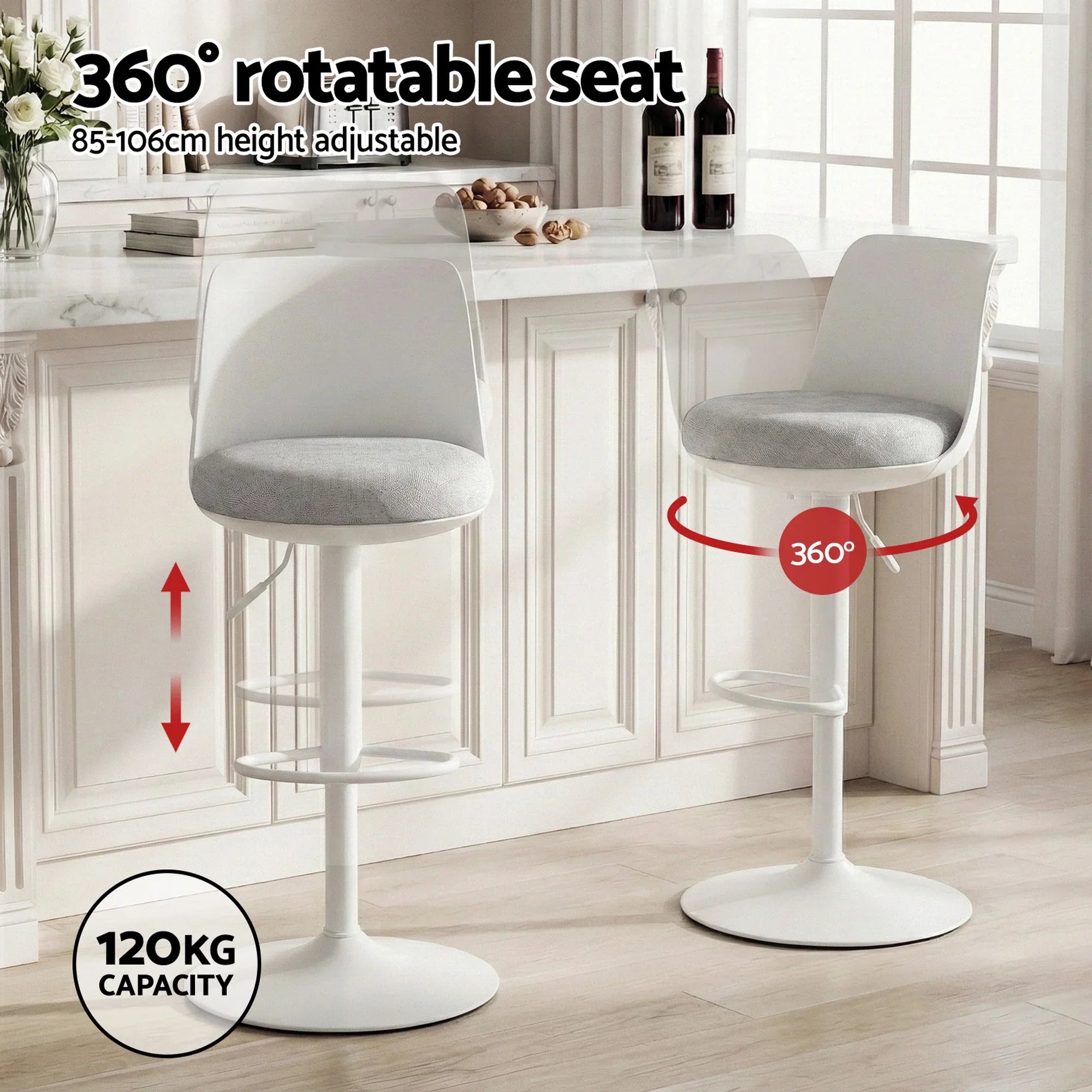 4x Bar Stools Kitchen Swivel Gas Lift Counter Dining Chair Curved White