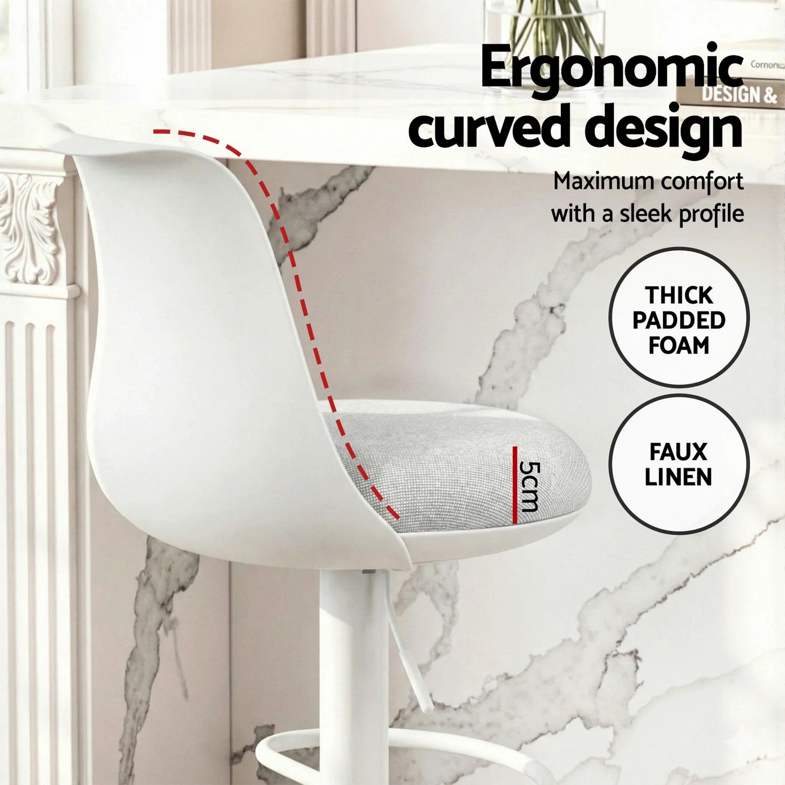 4x Bar Stools Kitchen Swivel Gas Lift Counter Dining Chair Curved White