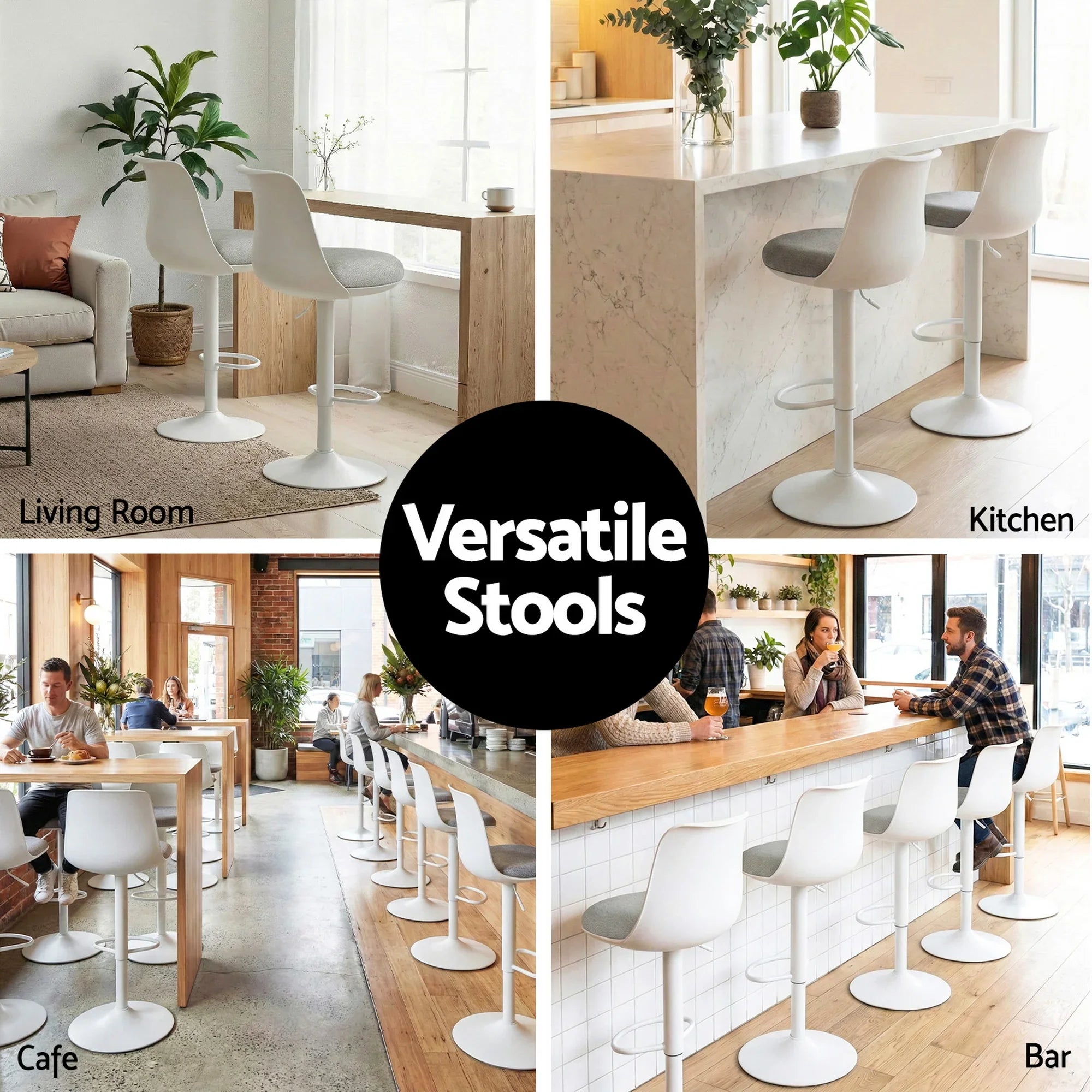 4x Bar Stools Kitchen Swivel Gas Lift Counter Dining Chair Curved White