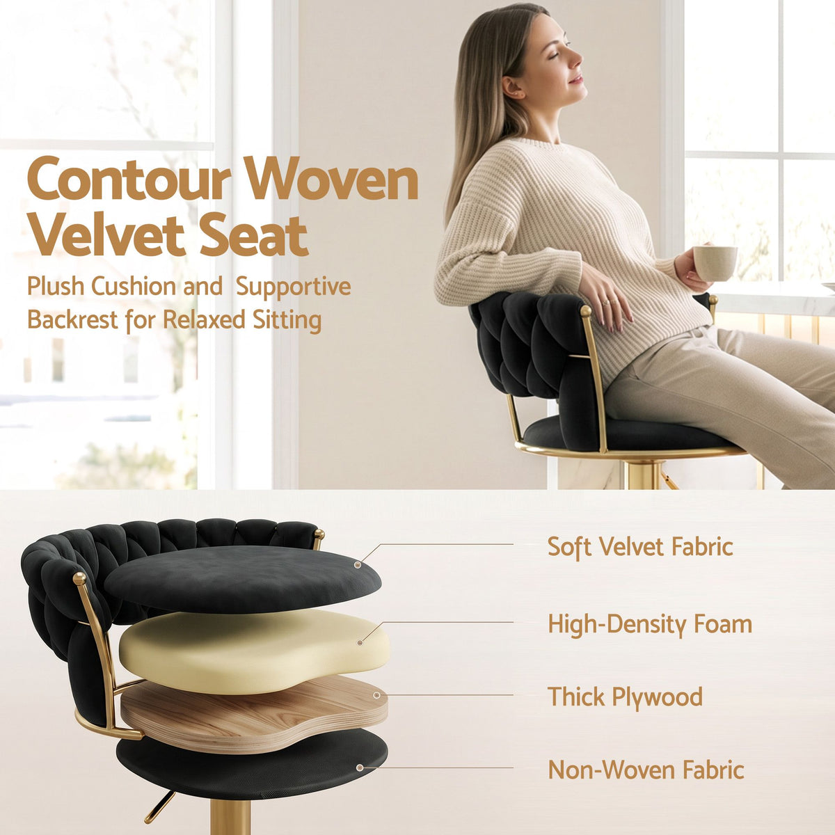 Artiss 4x Bar Stools Gas Lift Adjustable Velvet Woven Backrest Vivien Black