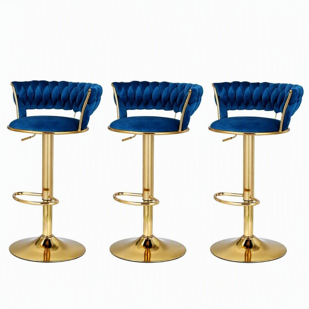Artiss Vivien Set of 3 Bar Stools Gas Lift Swivel Velvet Woven Backrest Navy