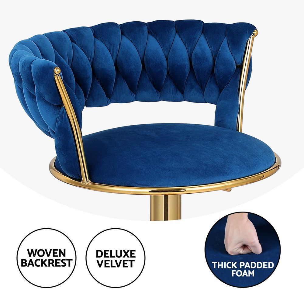 Artiss Vivien Set of 3 Bar Stools Gas Lift Swivel Velvet Woven Backrest Navy