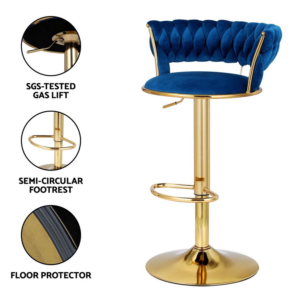 Artiss Vivien Set of 3 Bar Stools Gas Lift Swivel Velvet Woven Backrest Navy