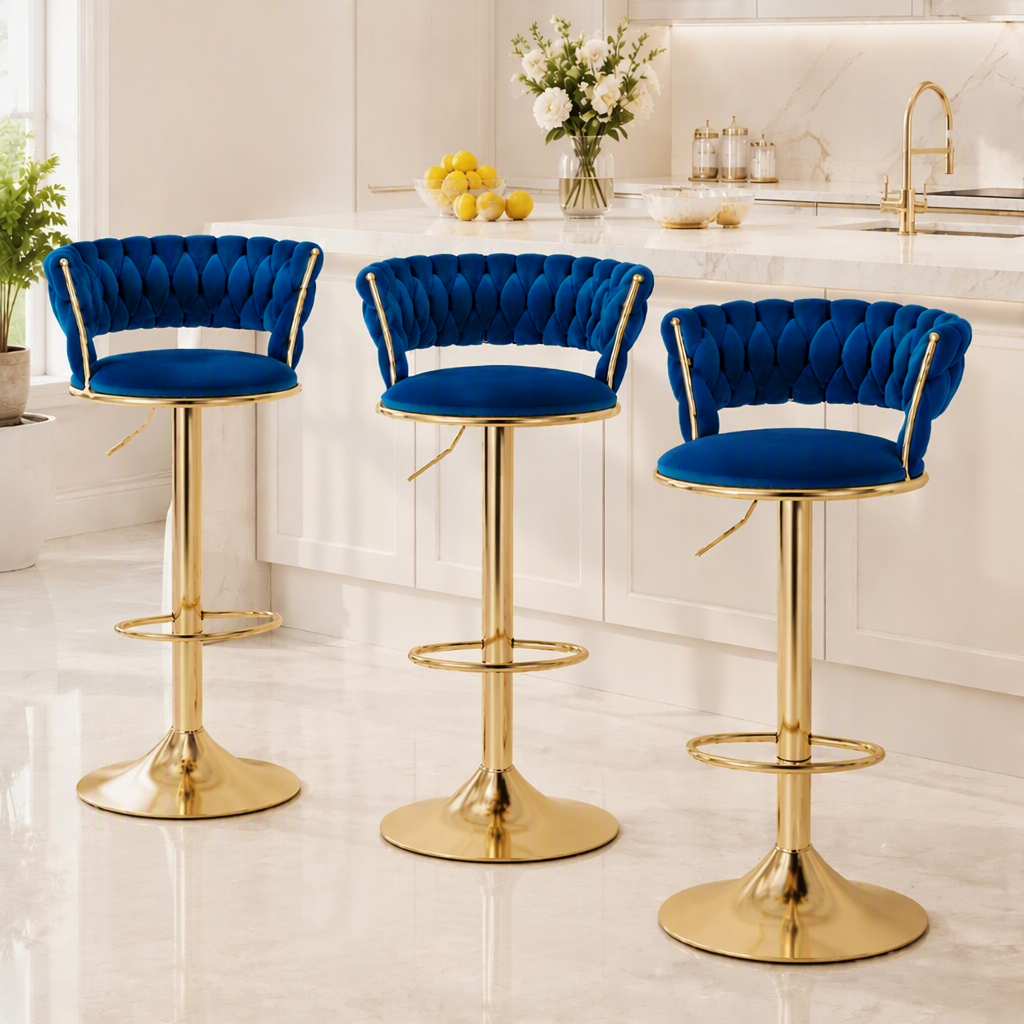 Artiss Vivien Set of 3 Bar Stools Gas Lift Swivel Velvet Woven Backrest Navy