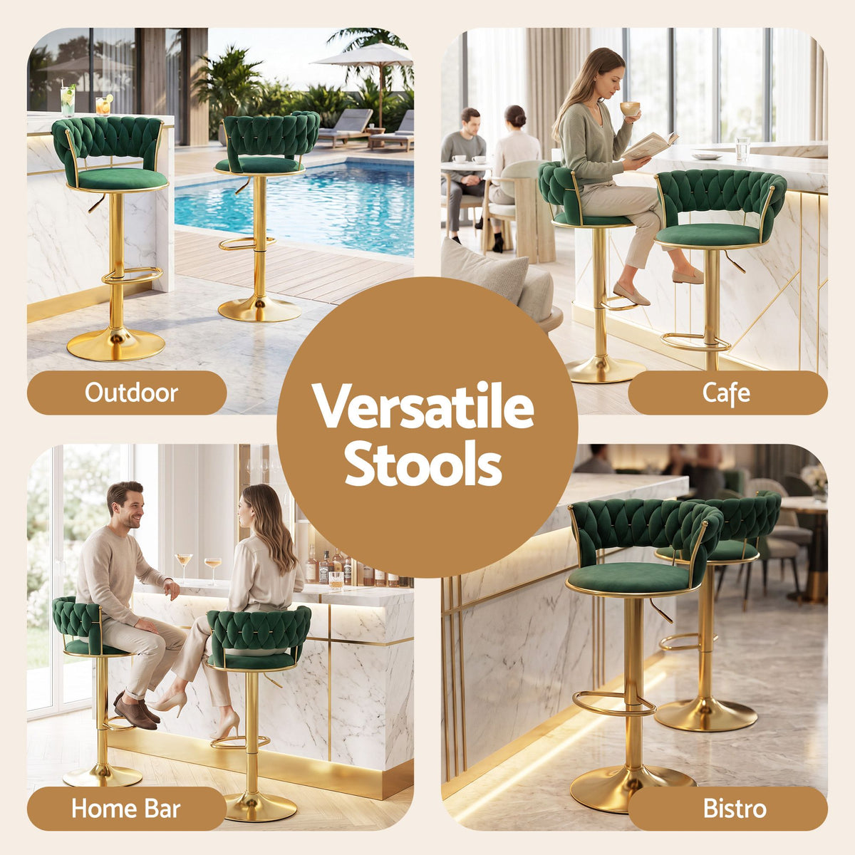 Artiss Bar Stool X1 Gas Lift Adjustable Velvet Woven Backrest Vivien Green