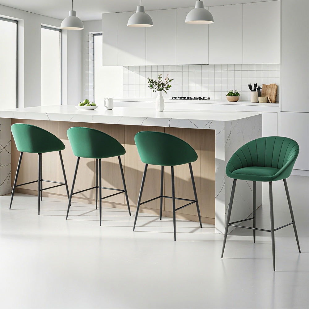 4x Bar Stools Kitchen Dining Chair Counter Stool Tub Velvet Metal Green