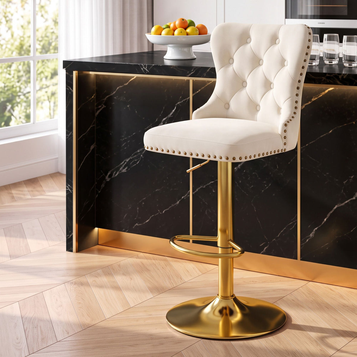 Artiss 1x Bar Stool Counter Chair Kitchen Adjustable Nailhead Trim Velvet Ivory