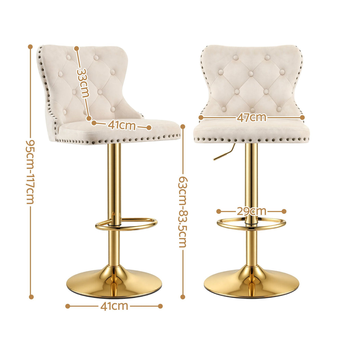 Artiss 3x Bar Stools Counter Chair Kitchen Adjustable Nailhead Trim Velvet Ivory