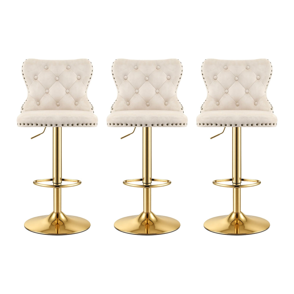 Artiss 3x Bar Stools Counter Chair Kitchen Adjustable Nailhead Trim Velvet Ivory