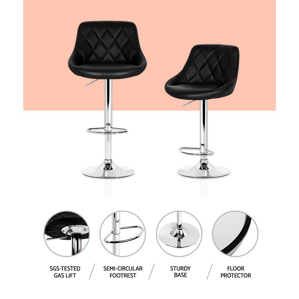 2x Bar Stools Leather Padded Gas Lift Stool Black