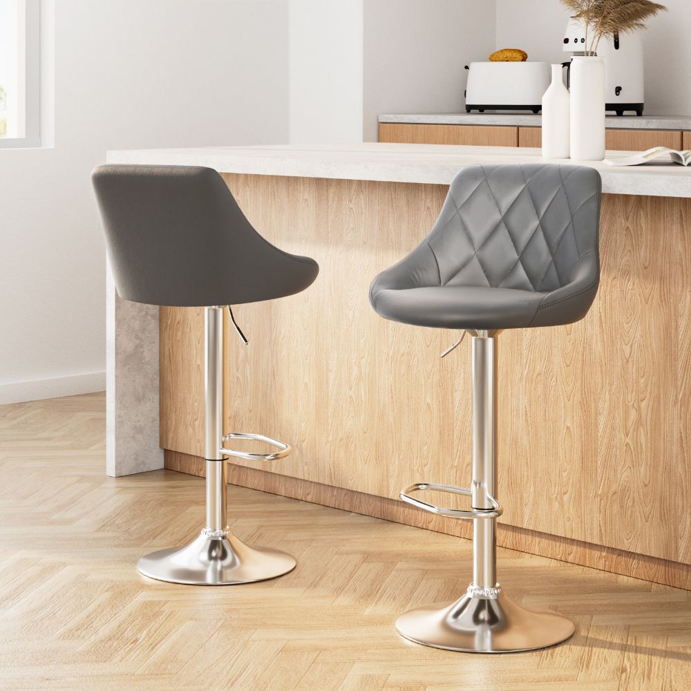 Adjustable Bar Stools – PU Leather, 360° Swivel, Chrome Base, Grey (Set of 2)