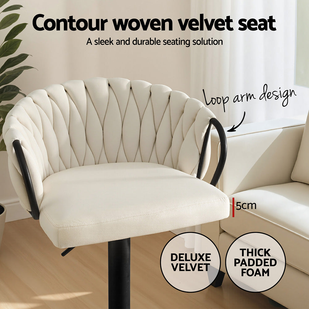 Bar Stool x2 Kitchen Dining Chair Counter Gaslift Woven Velvet Ivory