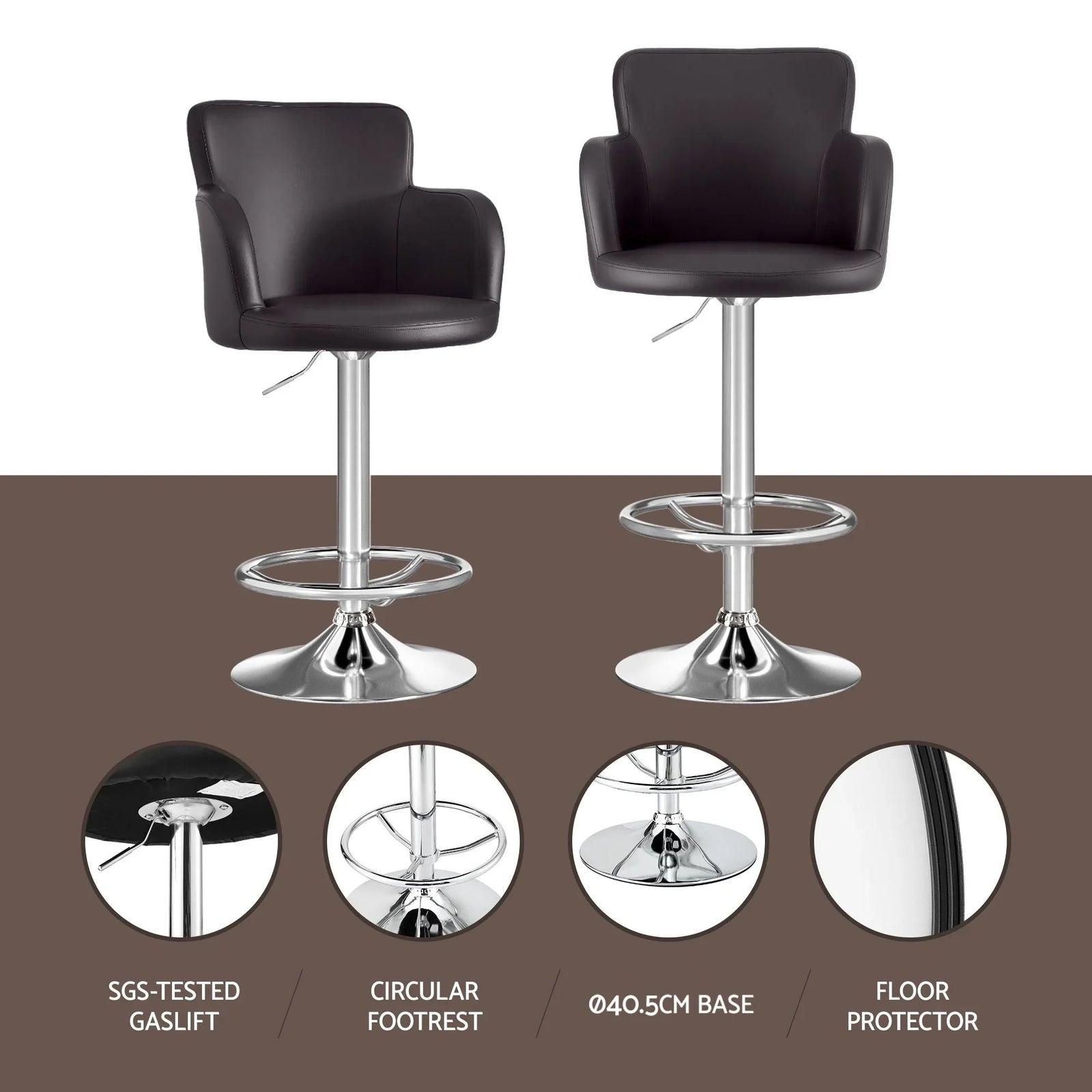 4x Bar Stools Swivel Kitchen Chairs Gas Lift Adjustable PU Leather Brown
