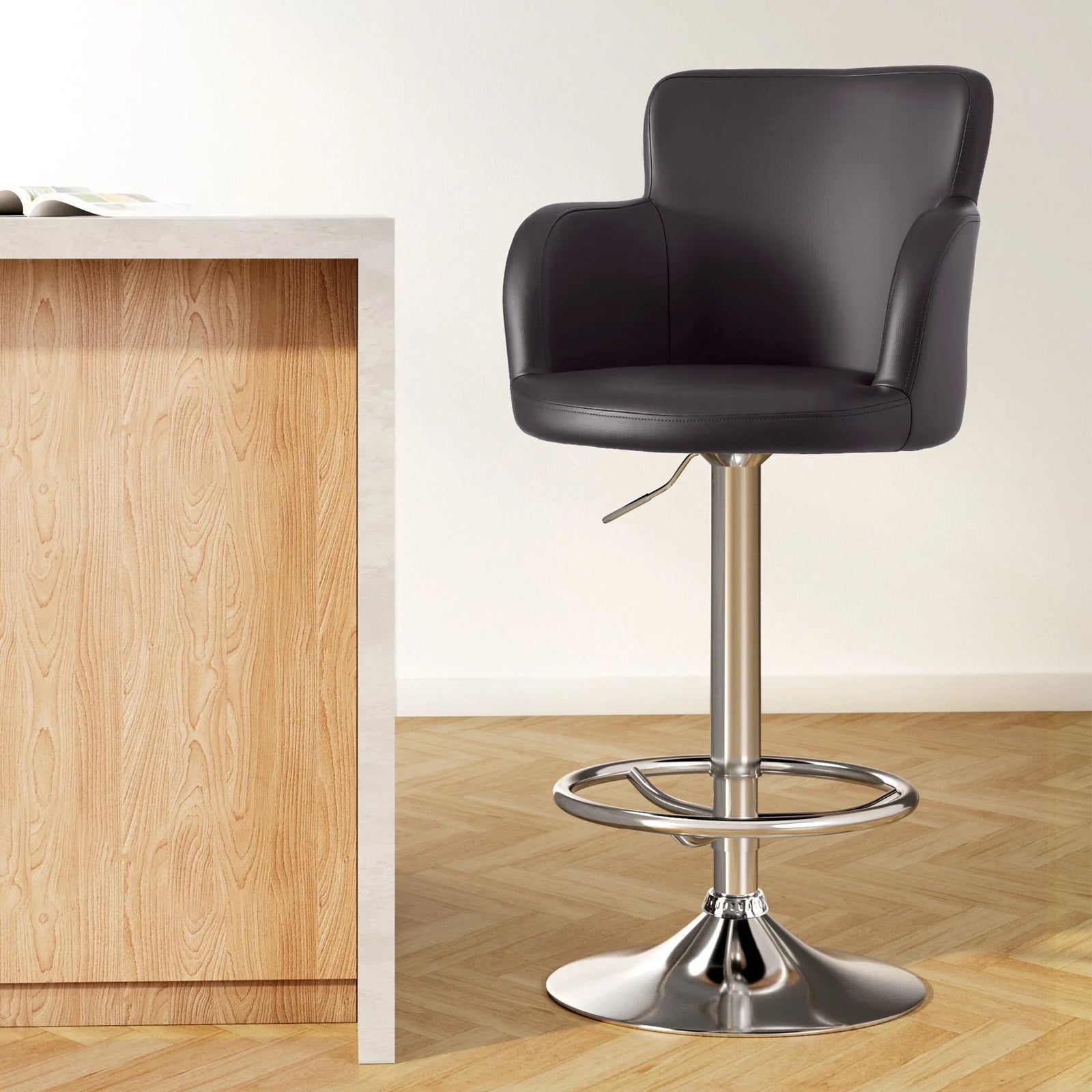 4x Bar Stools Swivel Kitchen Chairs Gas Lift Adjustable PU Leather Brown
