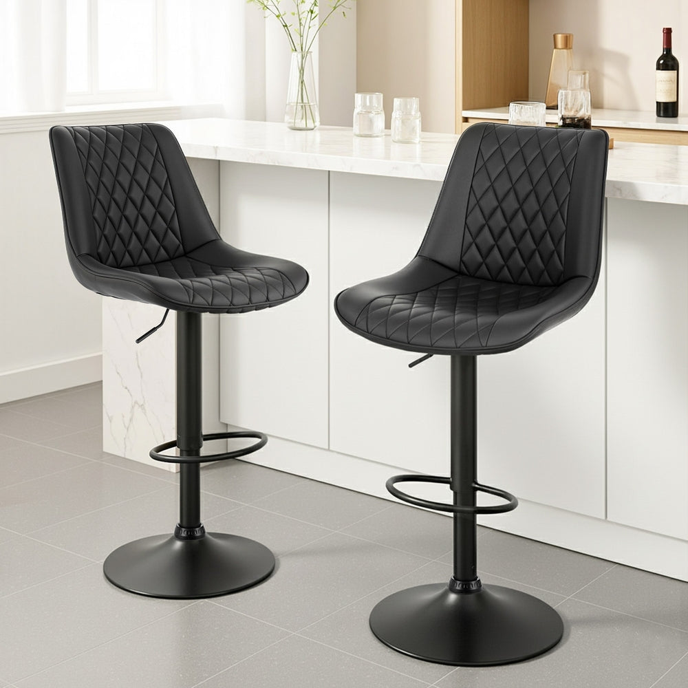 2x Bar Stools Kitchen Swivel Gas Lift Counter Chair Diamond Leather Black