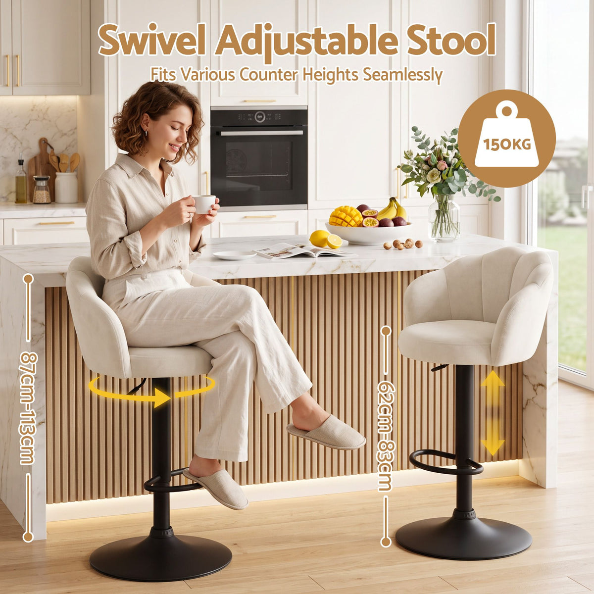 Artiss 2x Bar Stools Counter Chair Adjustable Shell Backrest Velvet Nessah Ivory