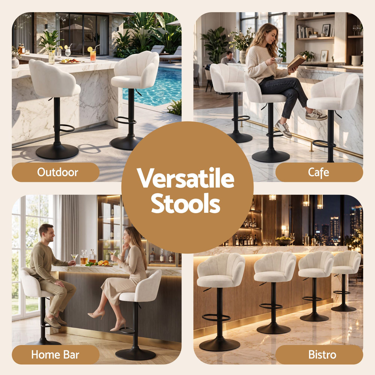 Artiss 2x Bar Stools Counter Chair Adjustable Shell Backrest Velvet Nessah Ivory