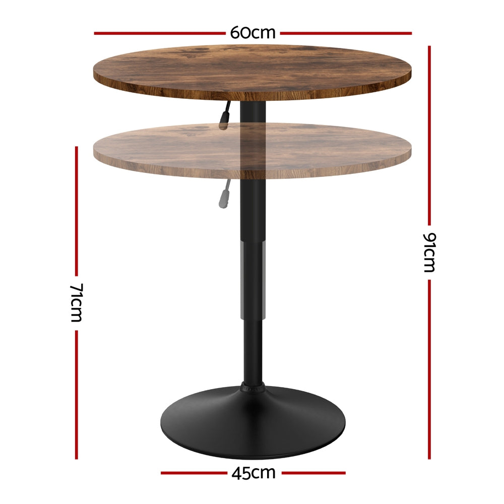 Height Adjustable Bar Table 360 Swivel Round Gaslift Design 60cm Rustic Brown Black