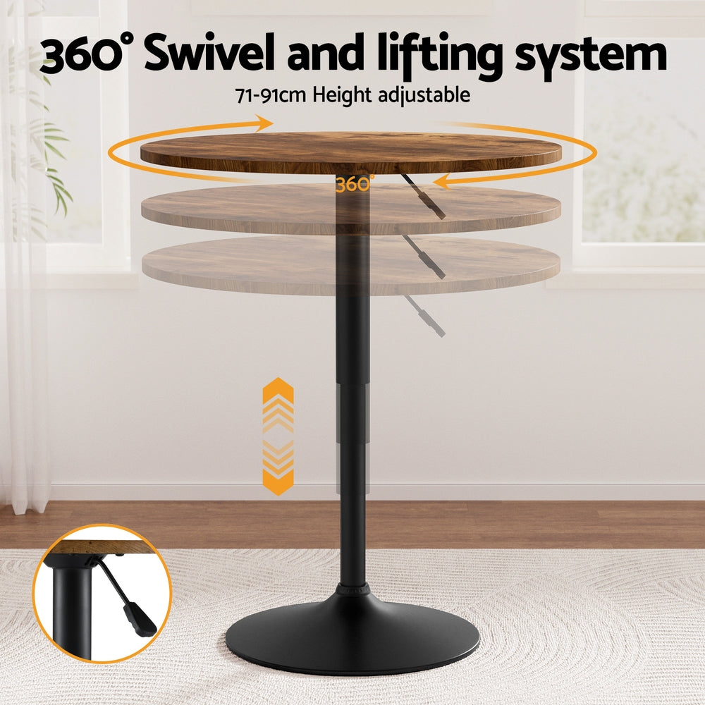 Height Adjustable Bar Table 360 Swivel Round Gaslift Design 60cm Rustic Brown Black