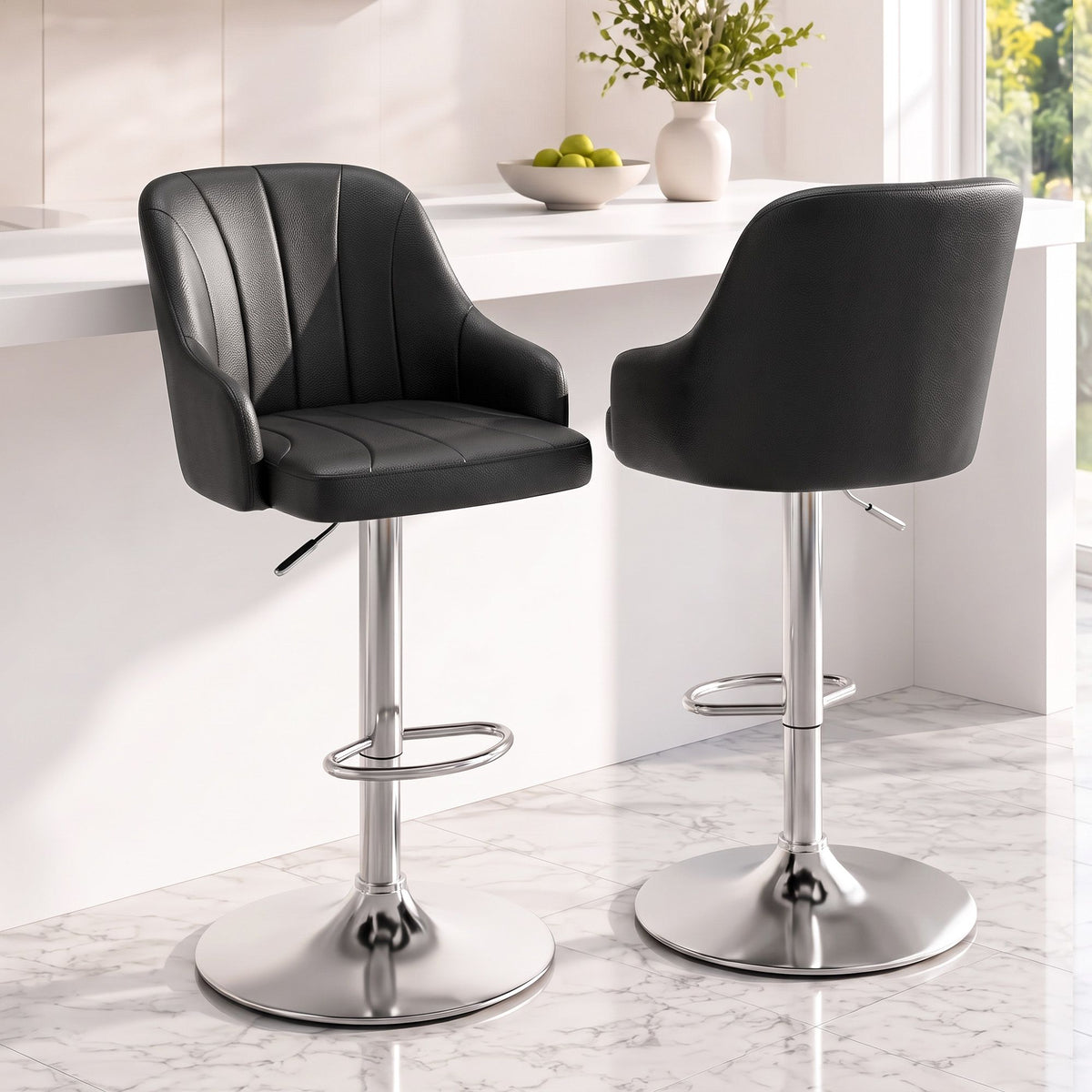 Artiss Bar Stool X2 Gas Lift Adjustable Curved Striped Backrest PU Leather Black