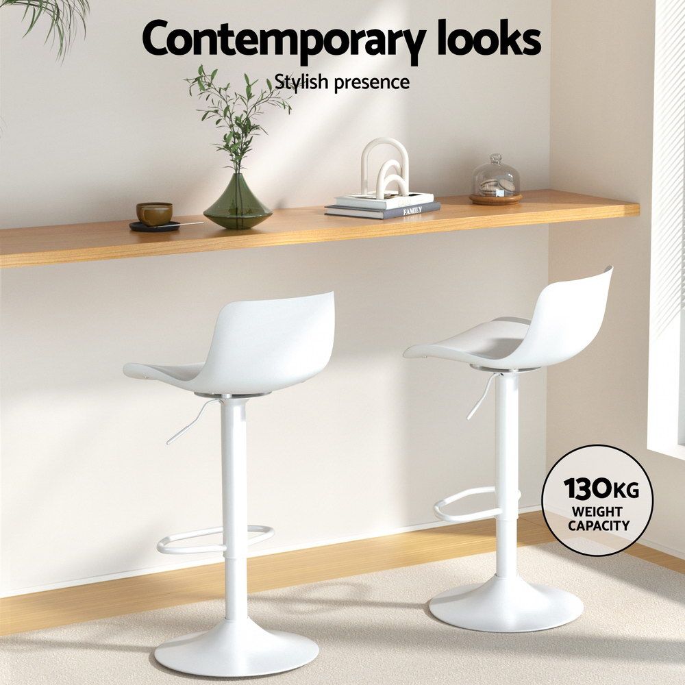 Bar Stools – Set of 2, PU Leather, PP Backrest, Adjustable Swivel, White