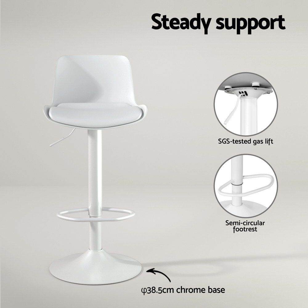 Bar Stools – Set of 2, PU Leather, PP Backrest, Adjustable Swivel, White