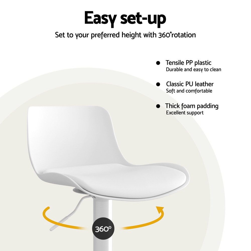 Bar Stools – Set of 2, PU Leather, PP Backrest, Adjustable Swivel, White