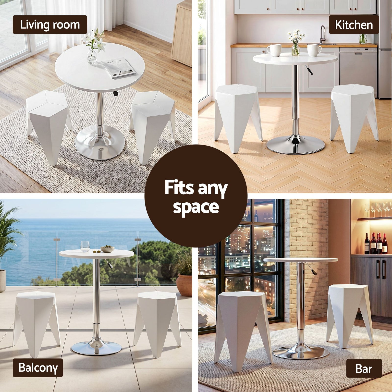 Bar Table & Stool Set – Height Adjustable, 360° Swivel, Stackable Stools, White