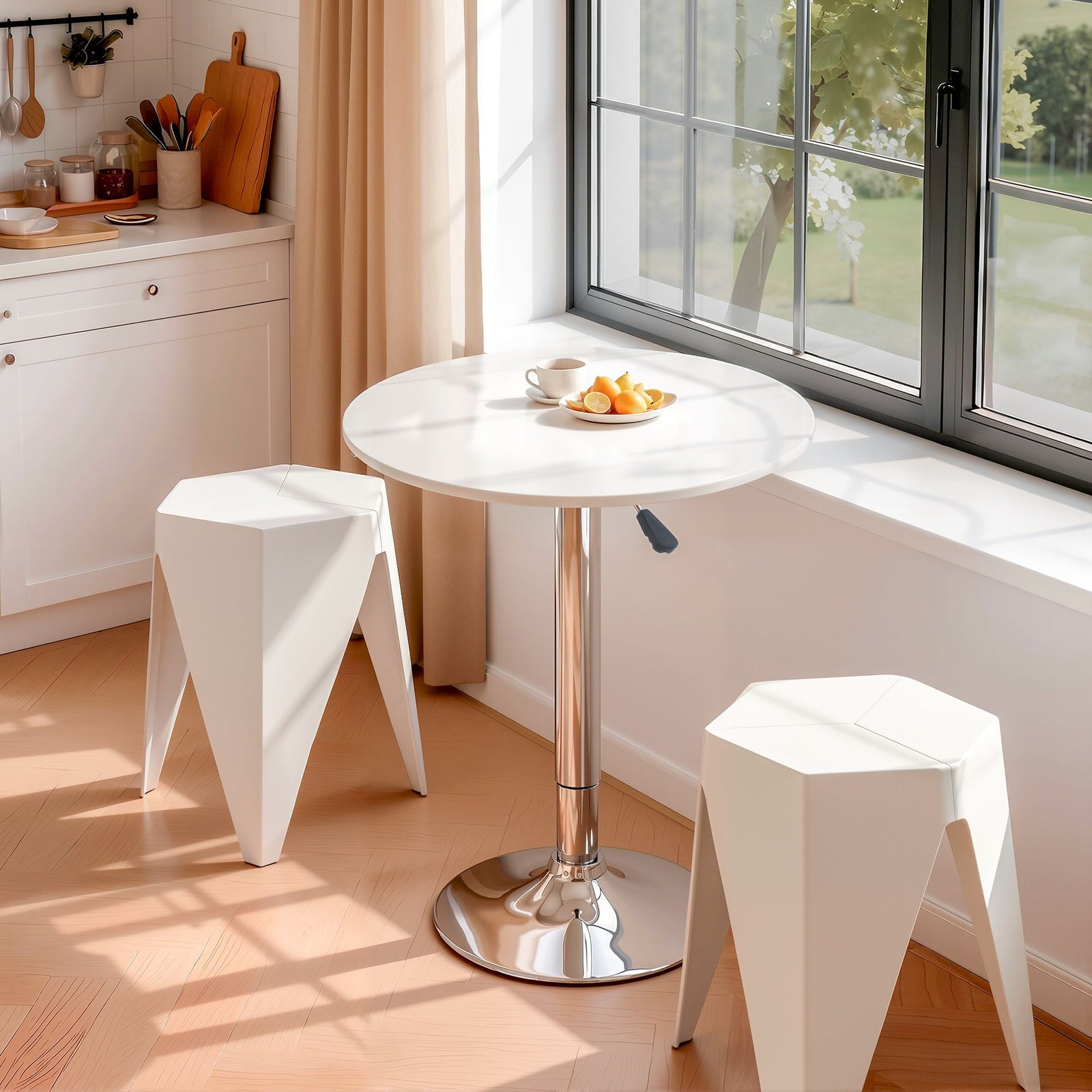 Bar Table & Stool Set – Height Adjustable, 360° Swivel, Stackable Stools, White