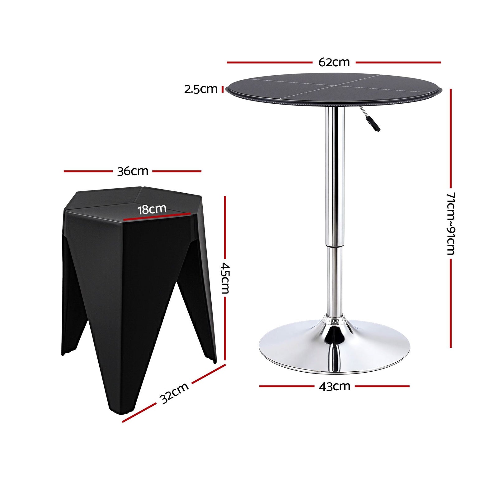 Bar Table & 2 Stools Set – PVC Leather Top, Height Adjustable, Black