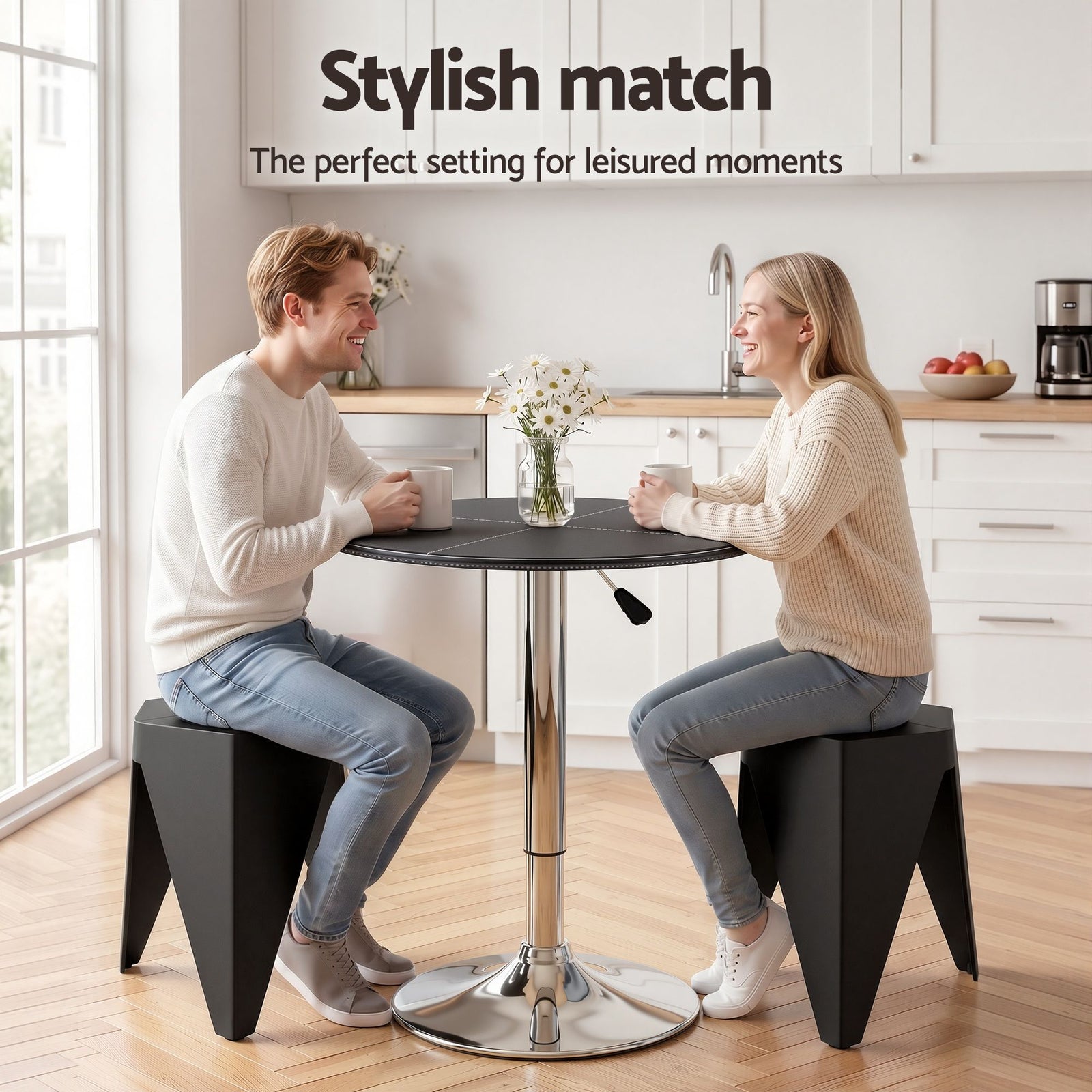 Bar Table & 2 Stools Set – PVC Leather Top, Height Adjustable, Black