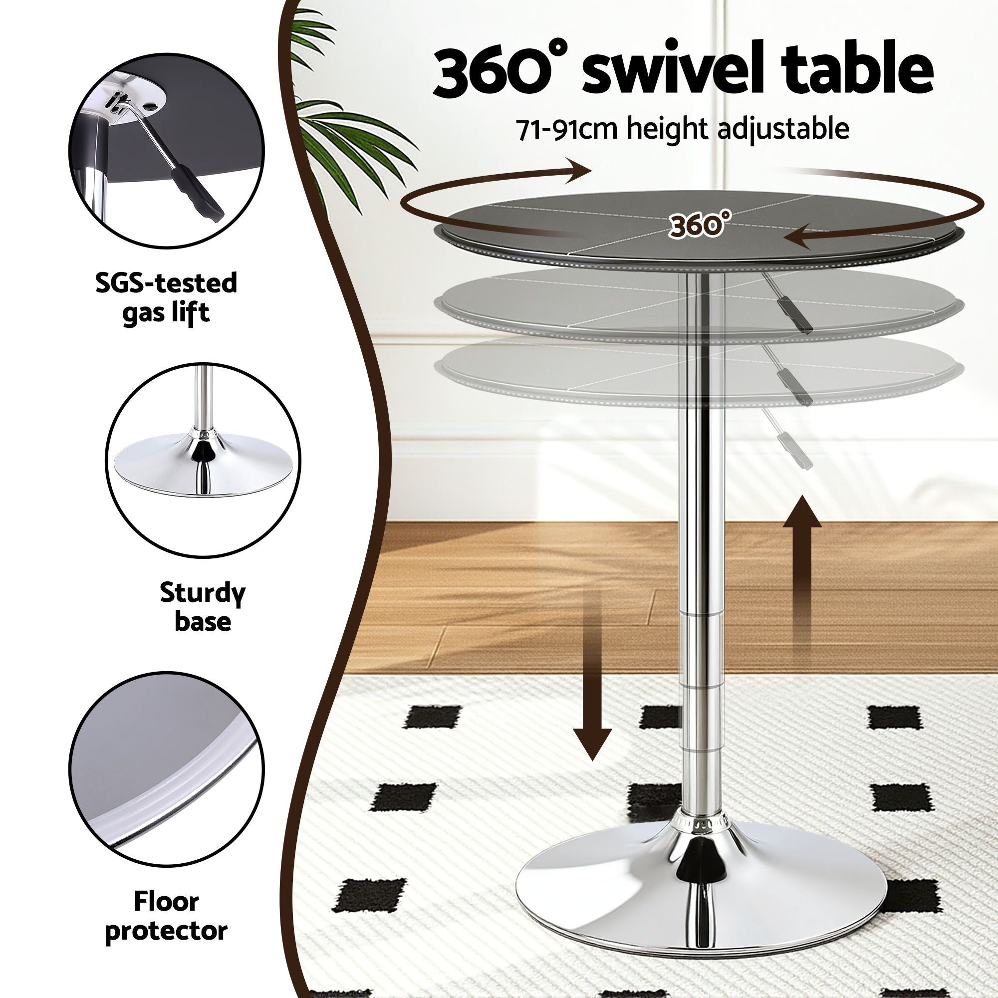 Bar Table & 2 Stools Set – PVC Leather Top, Height Adjustable, Black
