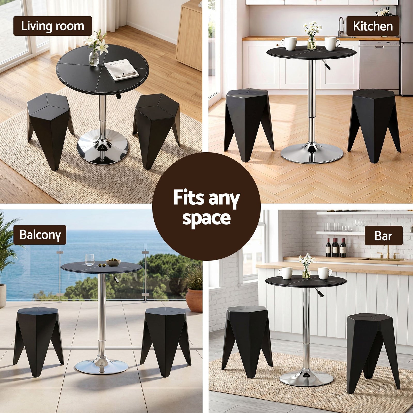 Bar Table & 2 Stools Set – PVC Leather Top, Height Adjustable, Black