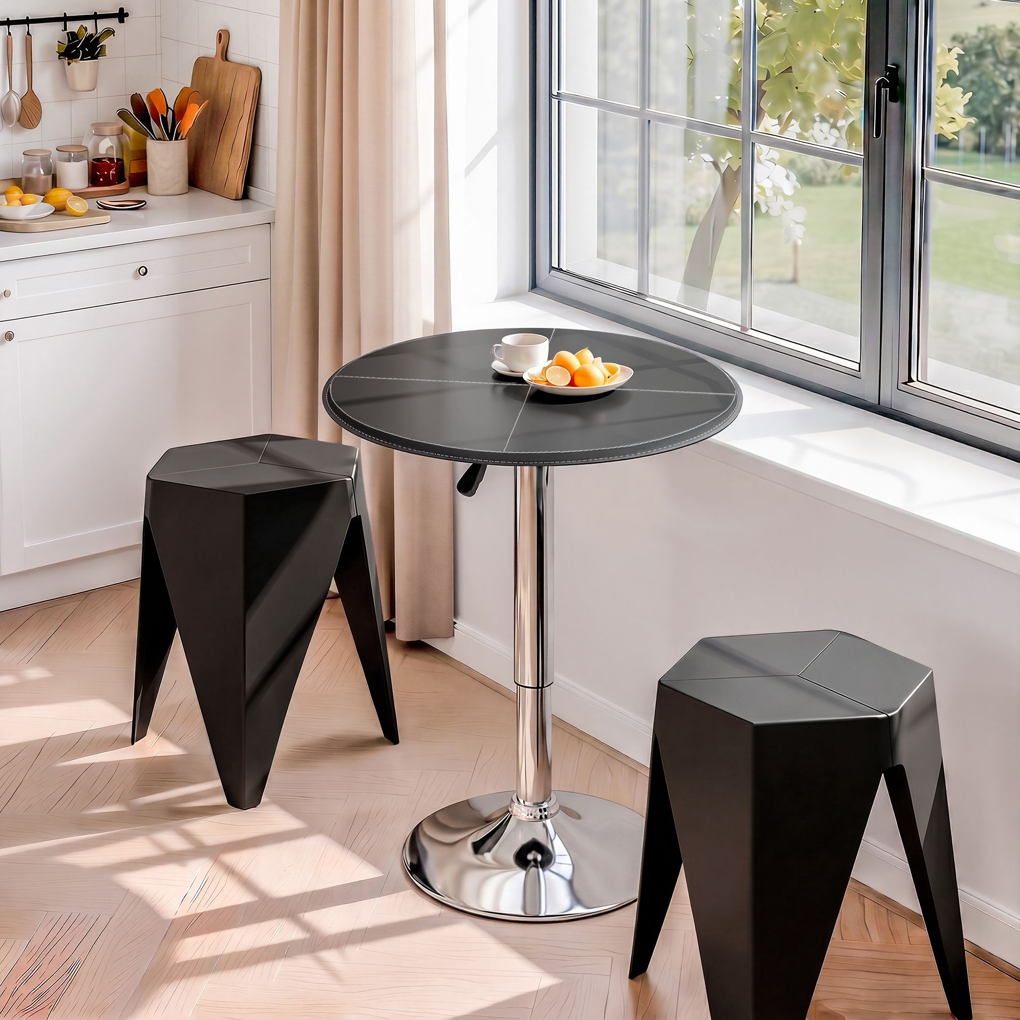 Bar Table & 2 Stools Set – PVC Leather Top, Height Adjustable, Black