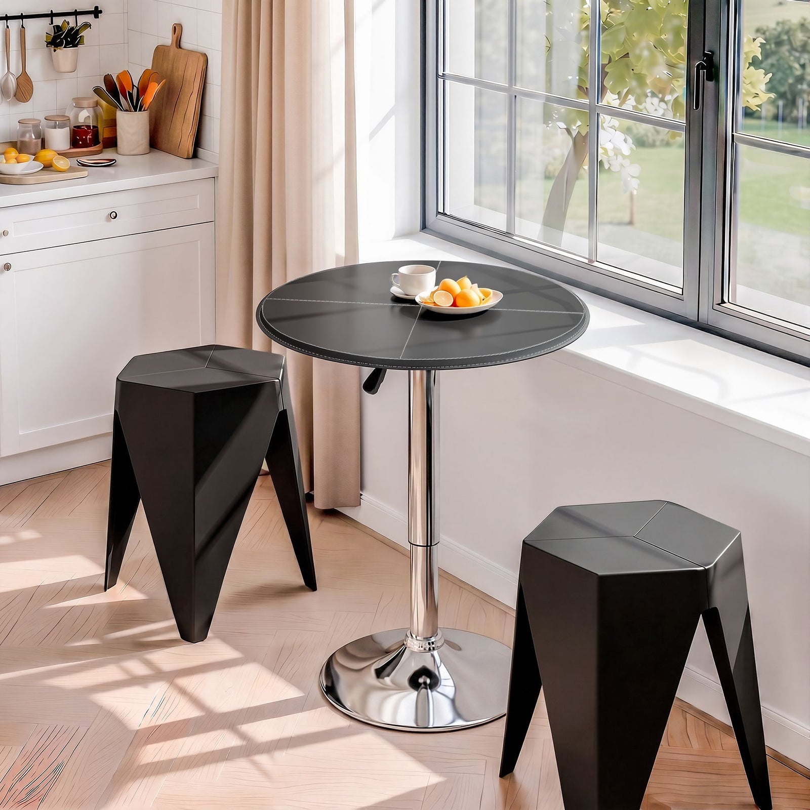 Bar Table & 2 Stools Set – PVC Leather Top, Height Adjustable, Black