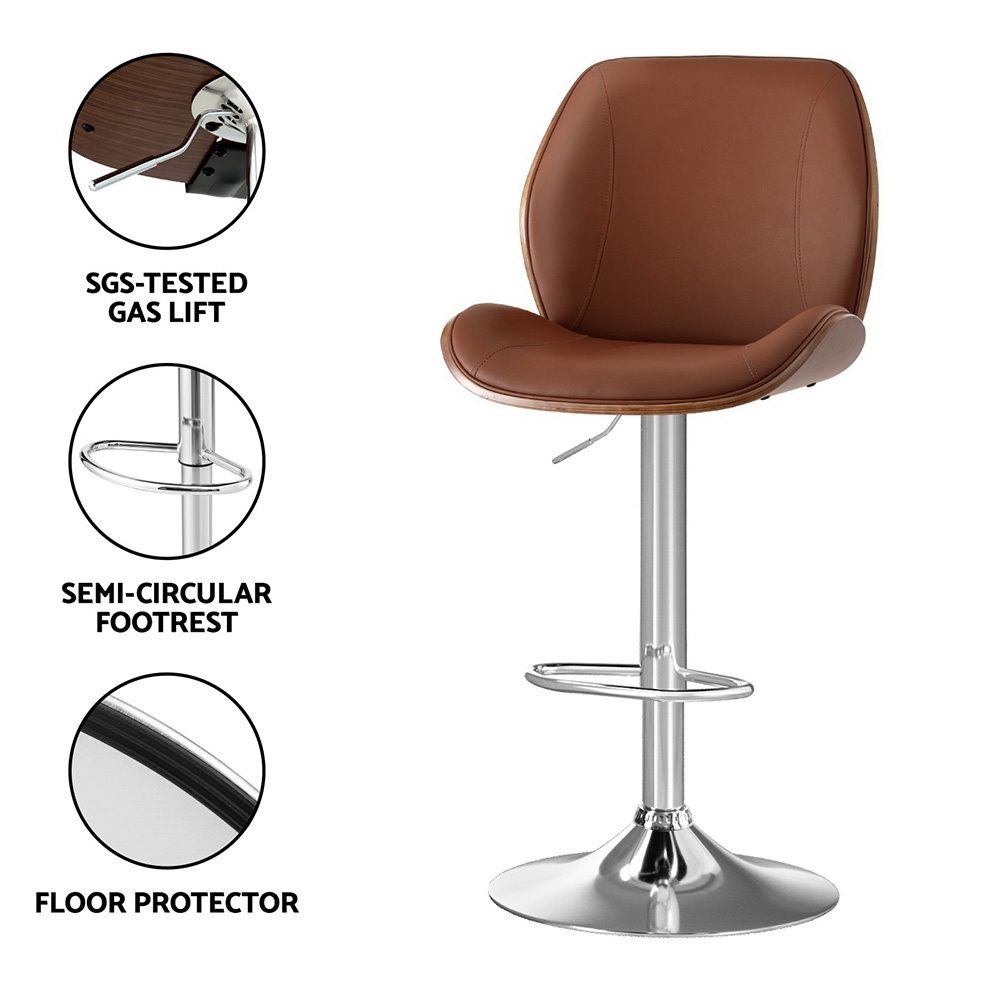 Artiss 3X Bar Stools Bentwood Adjustable Kitchen Counter Chair PU Leather Brown