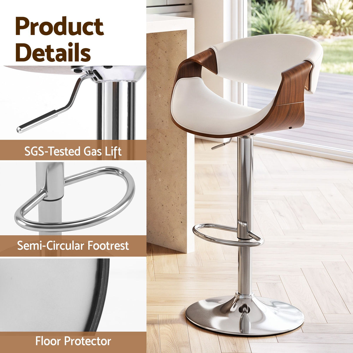 Artiss 1x Bar Stool Counter Chair Ambrus Swivel Adjustable Bentwood PU White