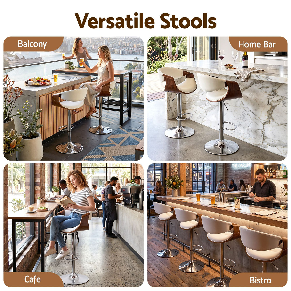 Artiss 1x Bar Stool Counter Chair Ambrus Swivel Adjustable Bentwood PU White
