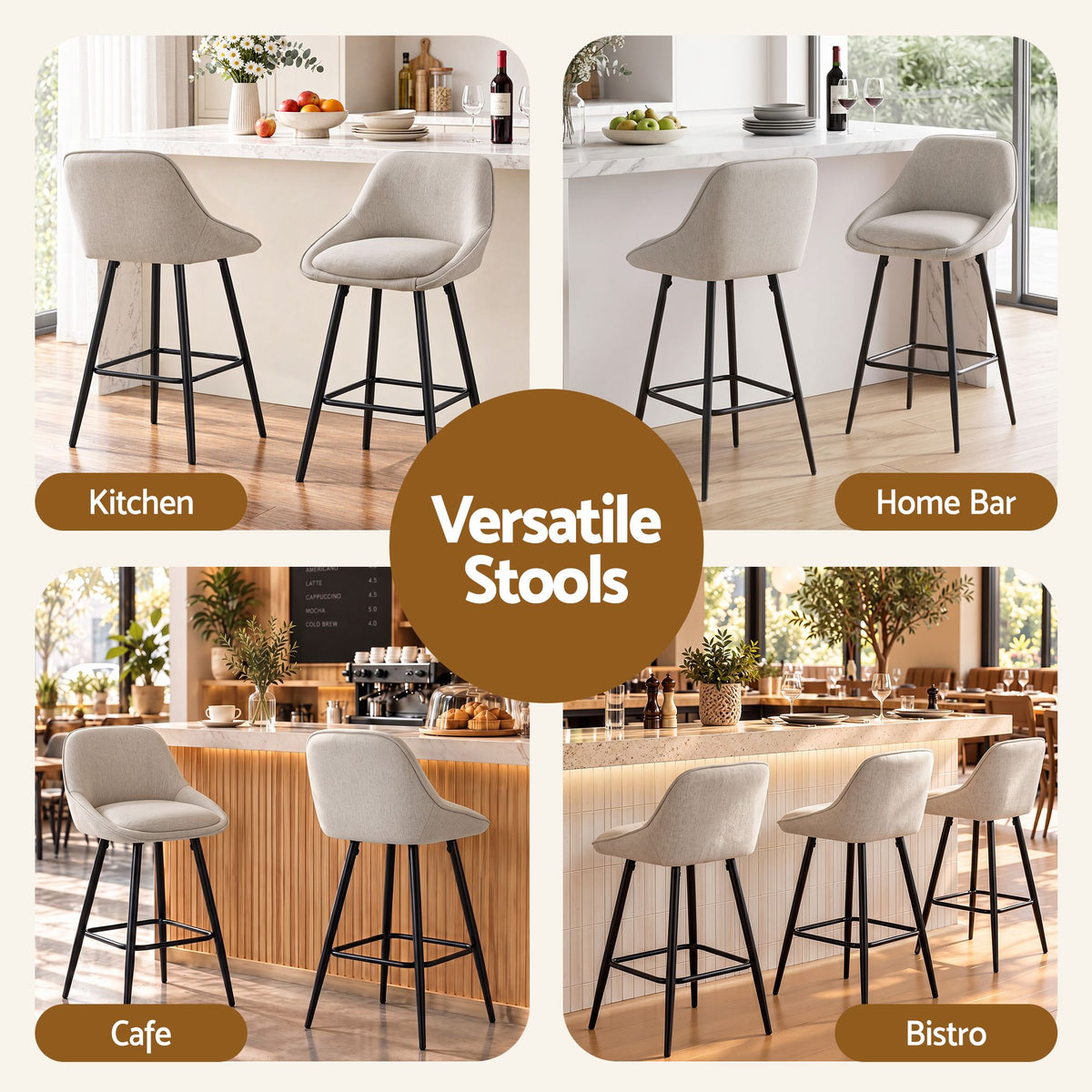 Artiss Bar Stools Set of 2 Linen Upholstered Counter Chairs with Back Padded Seat Beige