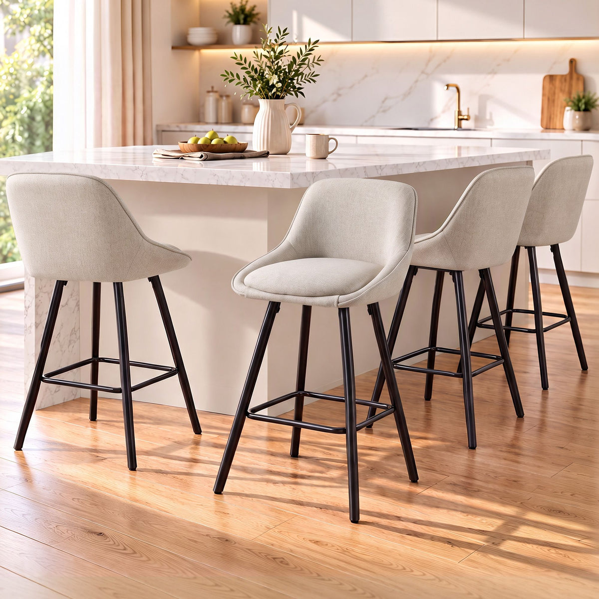 Artiss Bar Stools Set of 4 Linen Upholstered Counter Chairs with Back Padded Seat Beige
