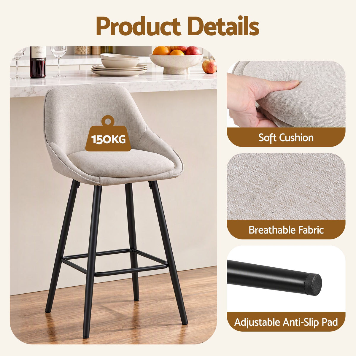 Artiss Bar Stools Set of 4 Linen Upholstered Counter Chairs with Back Padded Seat Beige