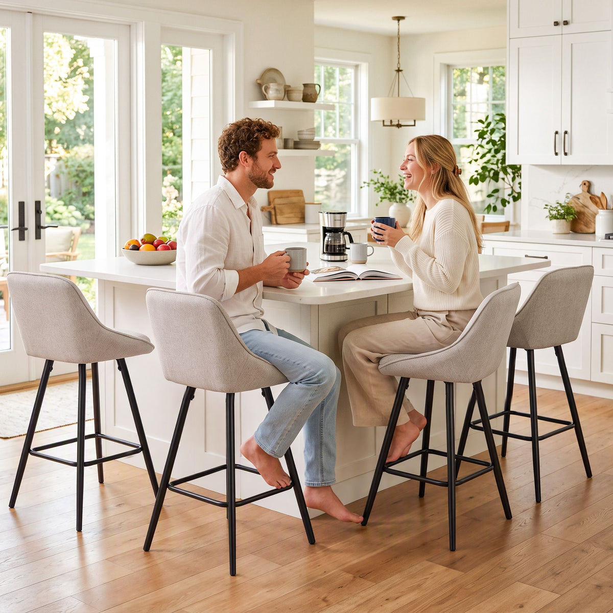 Artiss Bar Stools Set of 4 Linen Upholstered Counter Chairs with Back Padded Seat Beige
