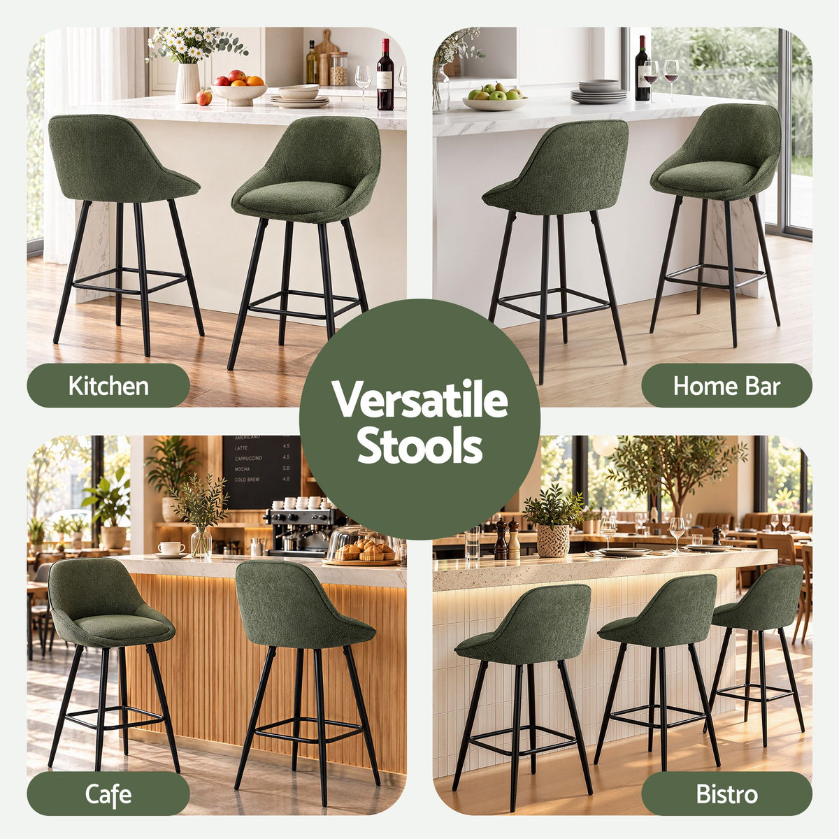 Artiss Bar Stools Set of 4 Linen Upholstered Counter Chairs with Back Padded Seat Green